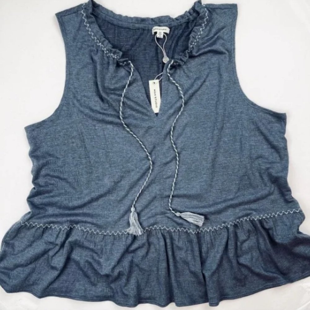 NWT MAX STUDIO Tassel Tie Split Neck Ruffle Sleeveless Tunic - Picture 4 of 9